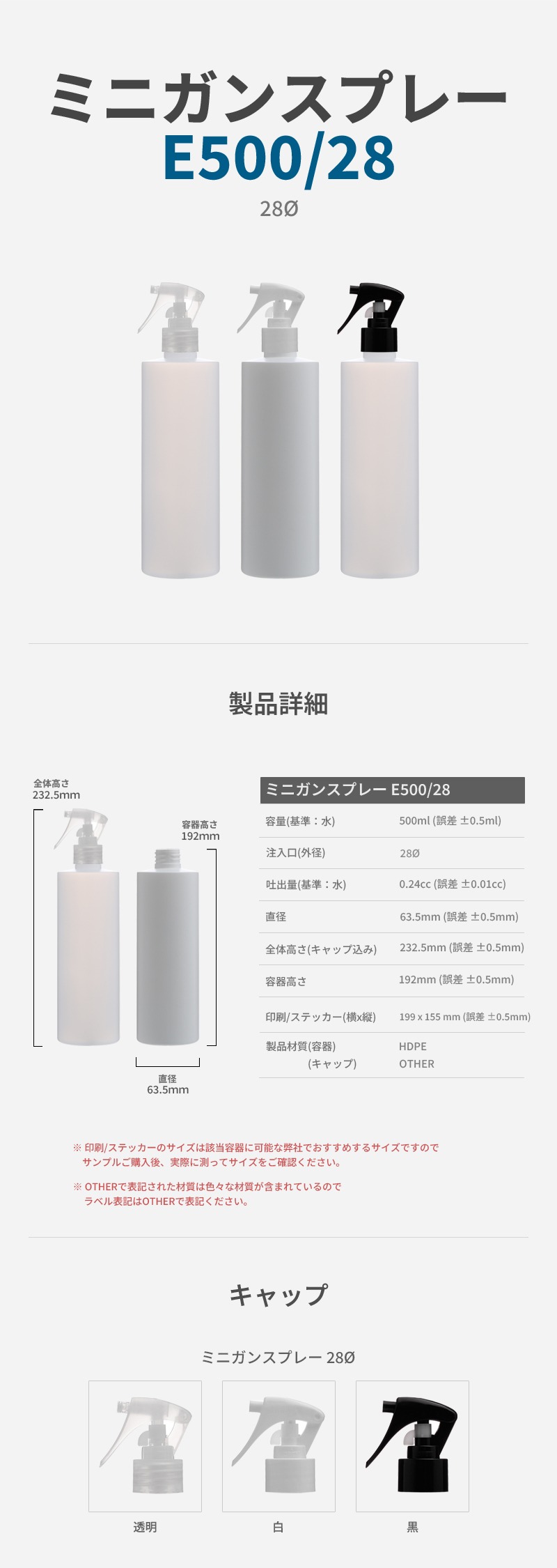 500ml PE ボトル 28Φ ミニトリガースプレー